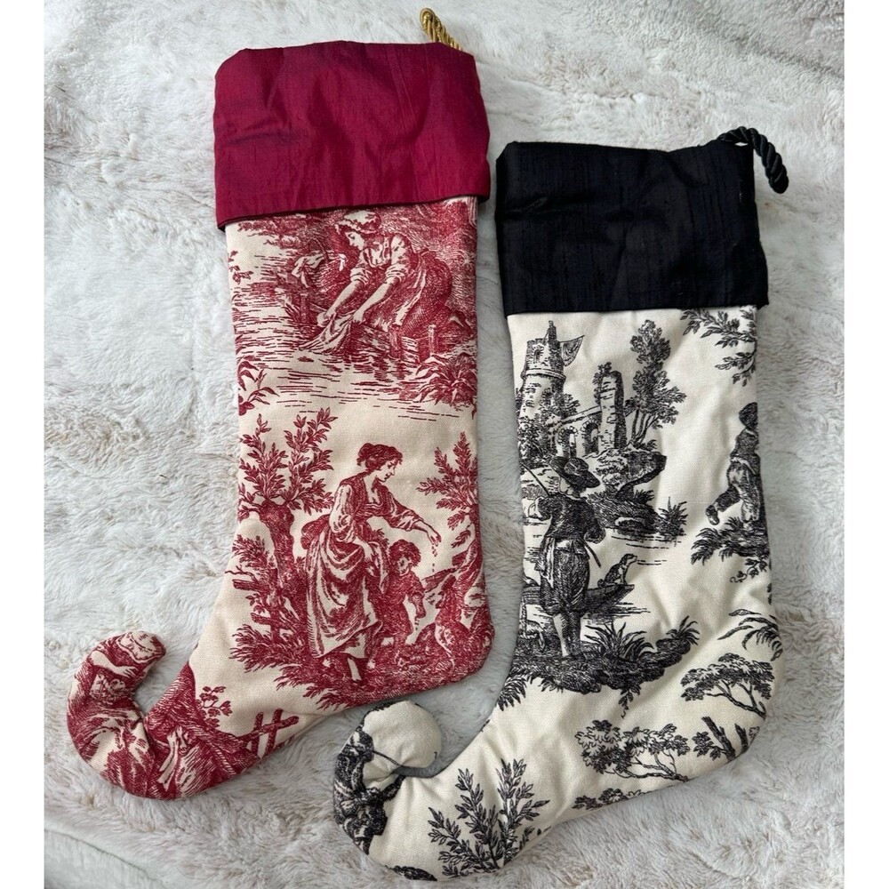 2pc Vintage French Toile De Jouy Christmas Stockings Curly Elf Toe Red Black